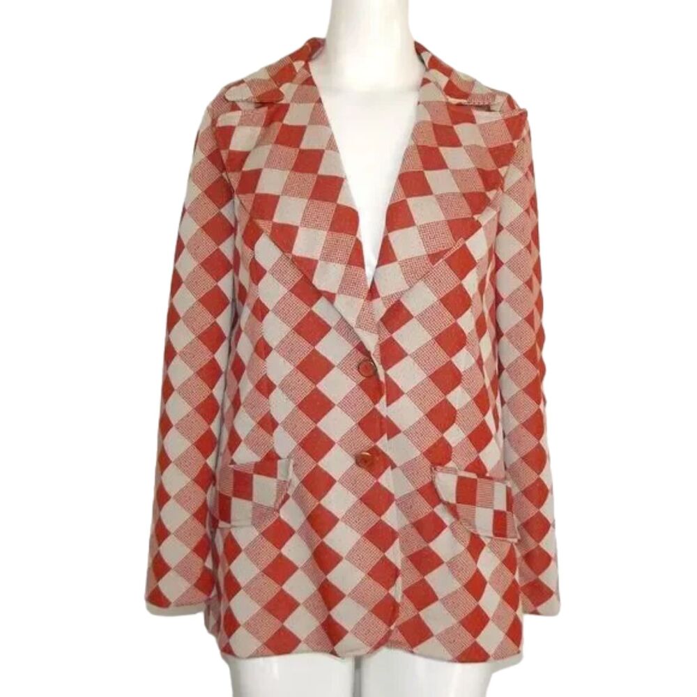 VINTAGE Blazer, M/L, Orange/Off-White Diamonds/Check, 2 buttons, Poly - Picture 12 of 12